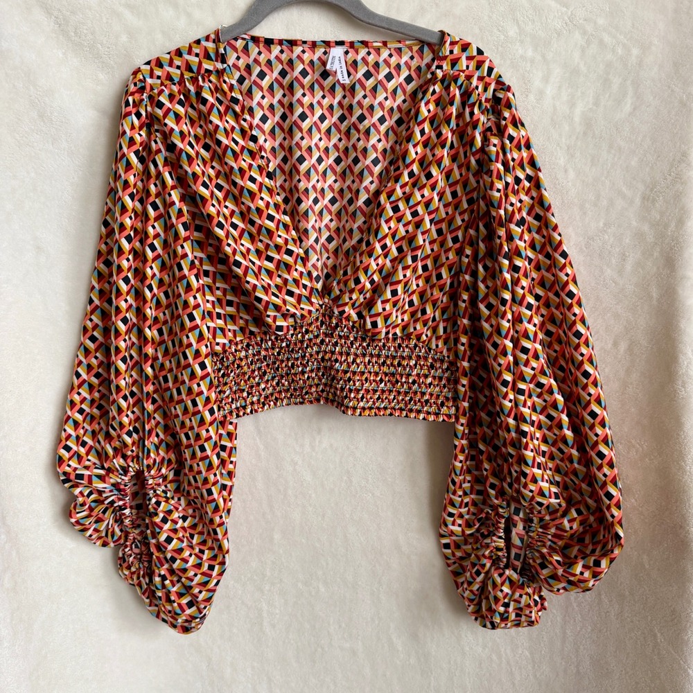 Live 4 Truth Womens Geometric Print Balloon Sleeve Wrap Crop Top Size X Large